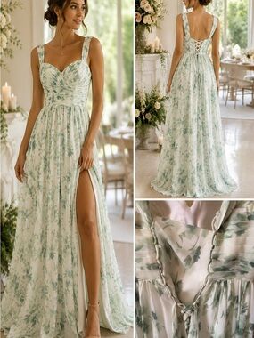 Sleeveless Floral Chiffon Maxi Dress in Sage Green
